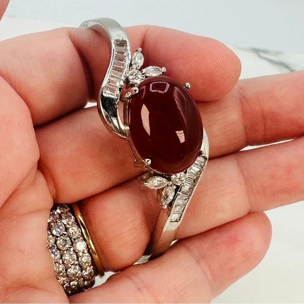 Burgundy Cabochon Glass Bracelet Baguette Rhinestone Silver Tone Hinged … - Picture 3 of 10